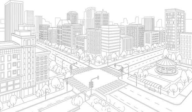 Cityscape illustration with buildings, trees, and a park in a modern urban setting with a