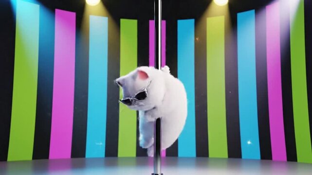 Cute white cat dances around a pole in a colorful club setting during a fun night