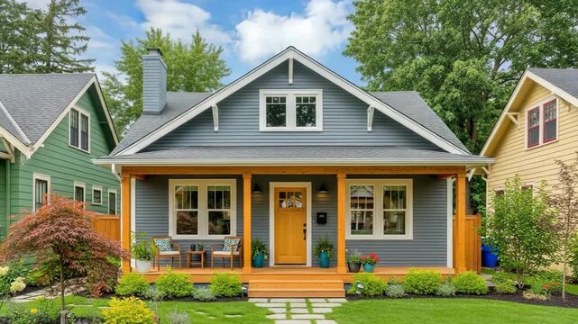Suburban home exterior with porch and garden