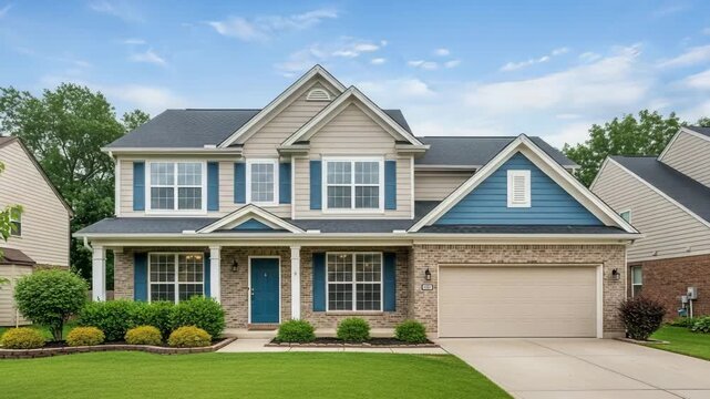 Suburban two-story house with blue shutters and beige siding