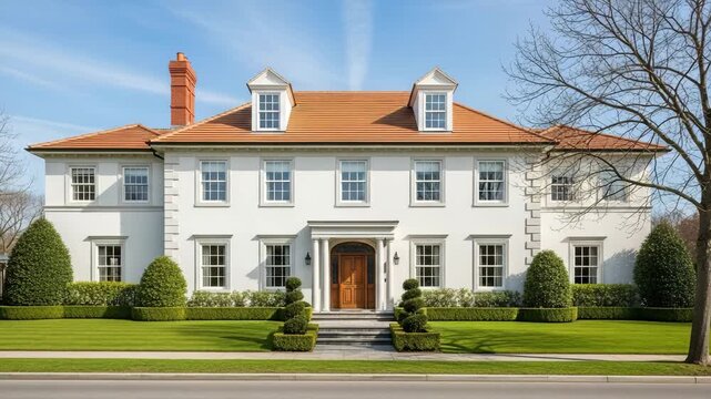 Large white house with orange roof and green lawn