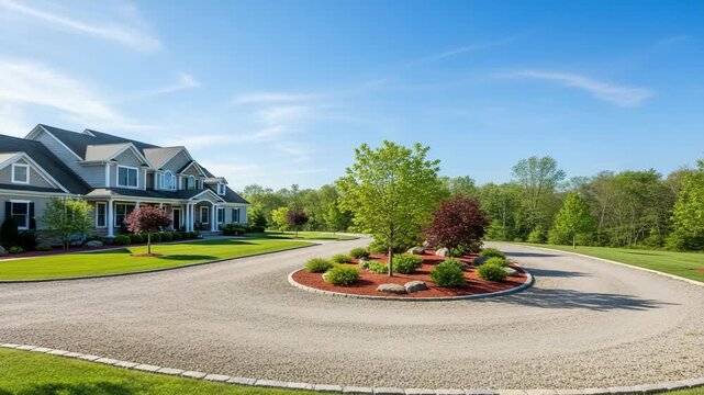 Suburban neighborhood entrance with circular driveway and landscaping