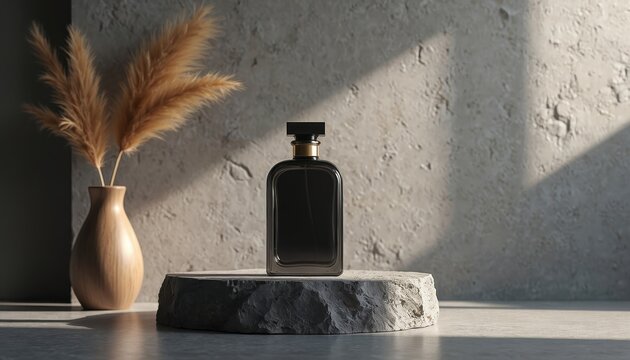 Luxury dark perfume bottle sits on stone pedestal. Pampas grass in vase nearby. Elegant minimalist style. Sophisticated product display, perfect for beauty ads.