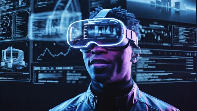 Engaging with virtual reality in a tech lab filled with digital displays and holograms at night