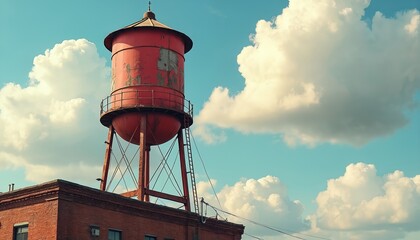 Red water tower rests on brick building with ladder. Sky is blue with white clouds. Structure shows rust and wear. Vintage industrial architecture.