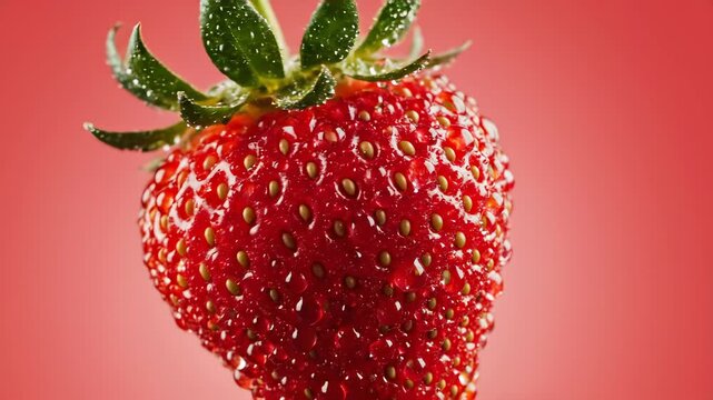Close-up of a Fresh, Ripe Strawberry with Green Leaves and Red Background.
