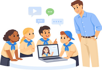 Kids learning digital skills while engaged in a video call with an instructor during a group activity