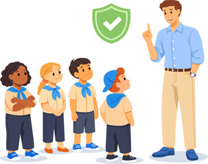 Group of children listening to an adult teacher sharing knowledge about safety and health practices in a classroom setting