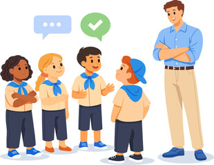 Group of kids talking with leader during outdoor activity at community center in sunny afternoon