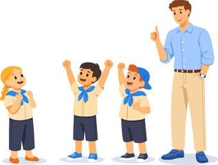 Kids celebrate with a leader in a cheerful setting during a group activity outside