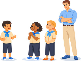 Group of children and an adult engage in a fun activity while wearing matching outfits and scarves in a bright setting