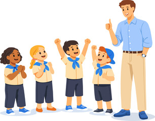 Group of children celebrating with a leader in a fun outdoor setting during a community activity in daytime