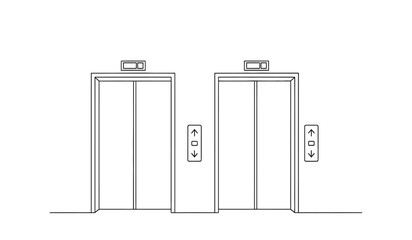 A line drawing of two elevator doors side by side with buttons and panels © rsvect02