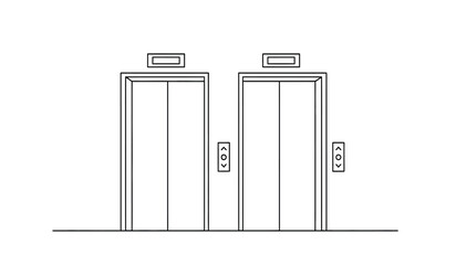 A line drawing of two elevator doors side by side with buttons and displays © rsvect02