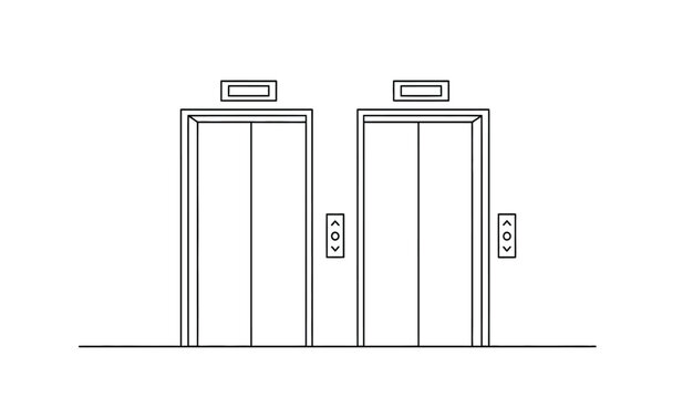 A line drawing of two elevator doors side by side with buttons and displays