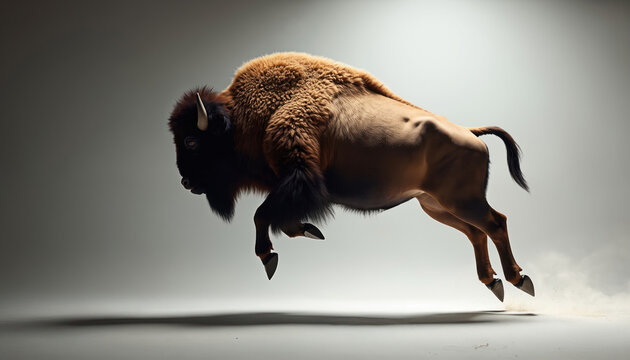 A powerful bison mid-air, showing immense strength and wild spirit. This mammal demonstrates dynamic movement, captured in a majestic leap against a neutral background.
