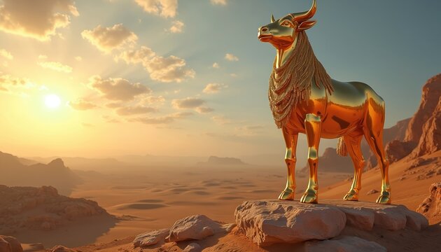 Golden calf statue stands on rock in desert landscape at sunrise. Israelites sinned, worshiping idol in Sinai valley. Biblical story of faith and idolatry.
