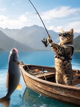 Cat wearing sunglasses and a life jacket, standing in a wooden rowboat on a crystal-clear mountain lake, reeling in a large fish that keeps jumping up and down, with rapid handheld tracking shots, dra