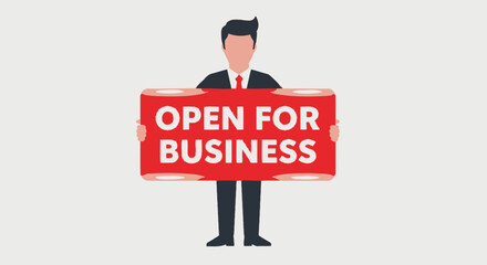 Businessman holding open for business sign