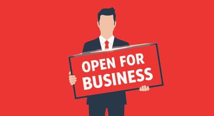 Businessman holding open for business sign