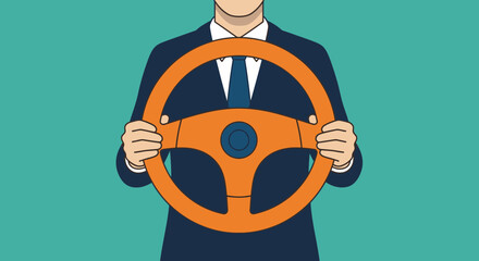 Businessman holding steering wheel