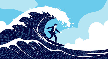 Businessman surfing on big data wave