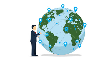 Businessman with global network map on globe