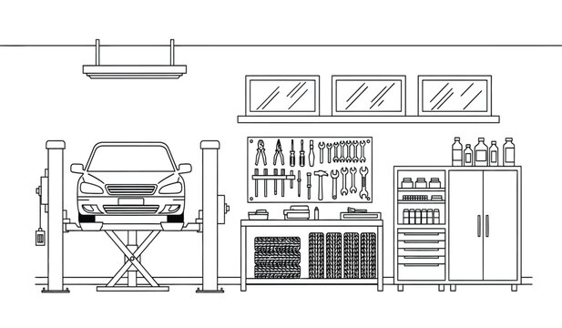 A detailed line drawing of a car on a lift in a garage with various tools and equipment on shelving and cabinets