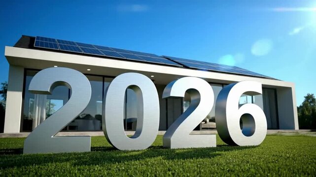 2026 futuristic house with renewable energy sources. This image captures the essence of a modern home with solar panels integrated into its design. This depiction is for the future. 