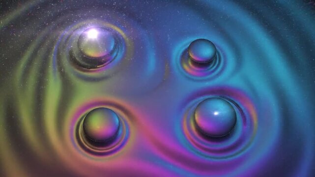 Colorful ripples form around bouncing balls in water in an abstract display of movement and light
