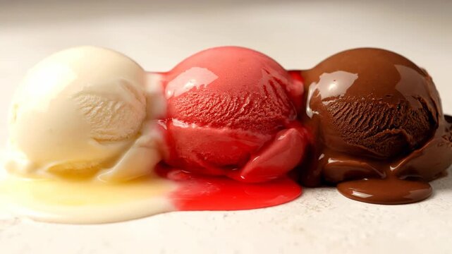  This is a picture of three scoops of ice cream, lined up in a row, that have begun to melt. From left to right, the flavors appear to be vanilla, strawberry, and chocolate. 