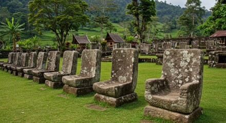 A row of ancient stone chairs sit on a grassy field with trees and buildings in the background