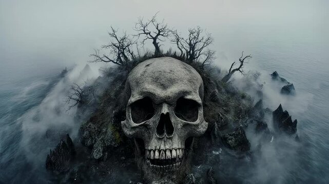 A haunting skull emerges from a misty, barren landscape with twisted trees