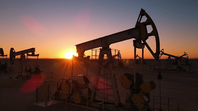 Oil rigs operate during sunset in a desert landscape showcasing energy production at dusk