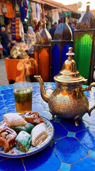Fototapeta premium High-angle shot of a Moroccan tea set on blue tiles, with a polished brass teapot reflecting a golden sunset and steaming mint tea