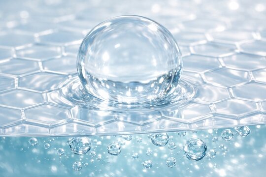 Macro blue hydrogel drop on cellular structure. Concept of deep skin hydration, hyaluronic acid serum, squalane and skin barrier repair.