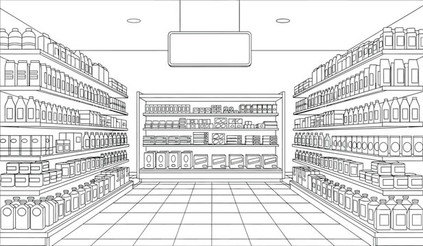 A detailed line drawing of a large empty supermarket or grocery store with shelves stocked with products