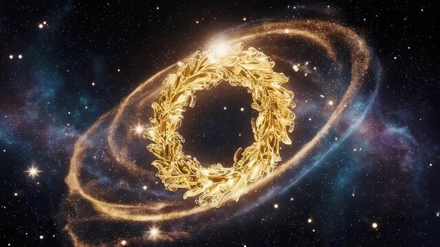 A glowing golden ring-shaped celestial body with swirling clouds of gas and dust, set against a starry night sky with shades of blue and purple