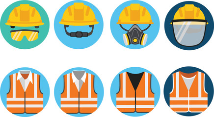 Construction safety icon set with helmet, goggles, respirator and reflective vest for worker protection and industrial safety vector illustration