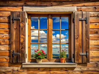Rustic wooden window with potted plants and scenic view