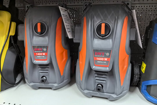 High-power electric pressure washers on display in a hardware store