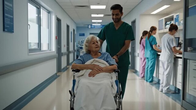 Caregiver assists elderly woman in wheelchair down hospital corridor during busy day