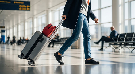 Obraz premium A person walks purposefully through a bright airport terminal, pulling a carry-on suitcase.