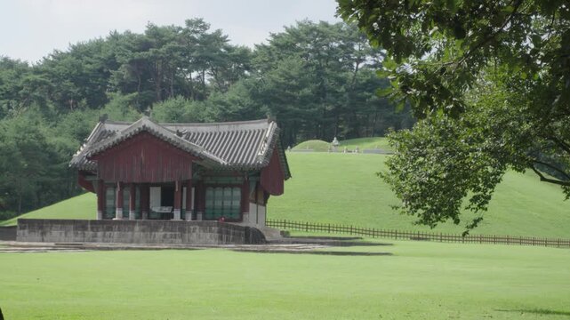 Korean Royal Tomb landscape with T-shaped shrine and burial mound