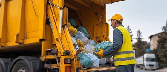 Garbage pickup man loading waste into truck, efficient waste management operation