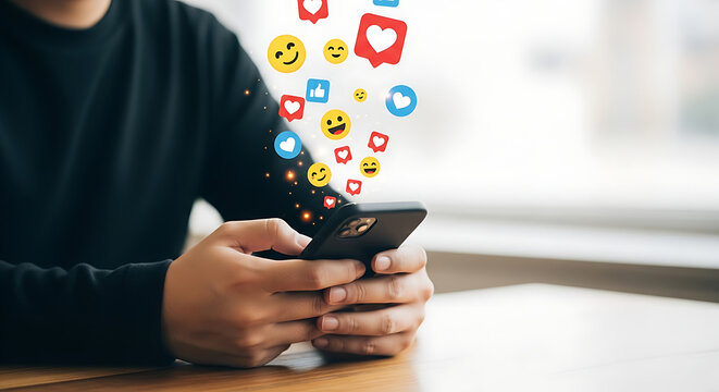 A person holds a smartphone as various social media reactions and emojis float upwards.