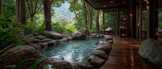 Outdoor spa area surrounded by nature, serene wellness travel concept