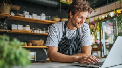Small business owner managing online shop on laptop.