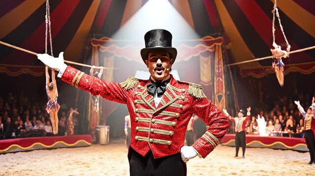 A man in a red and gold striped coat and black top hat stands confidently in a circus ring, with performers on trapezes and a crowd in the background