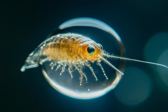Tiny water flea swimming in clear droplet
